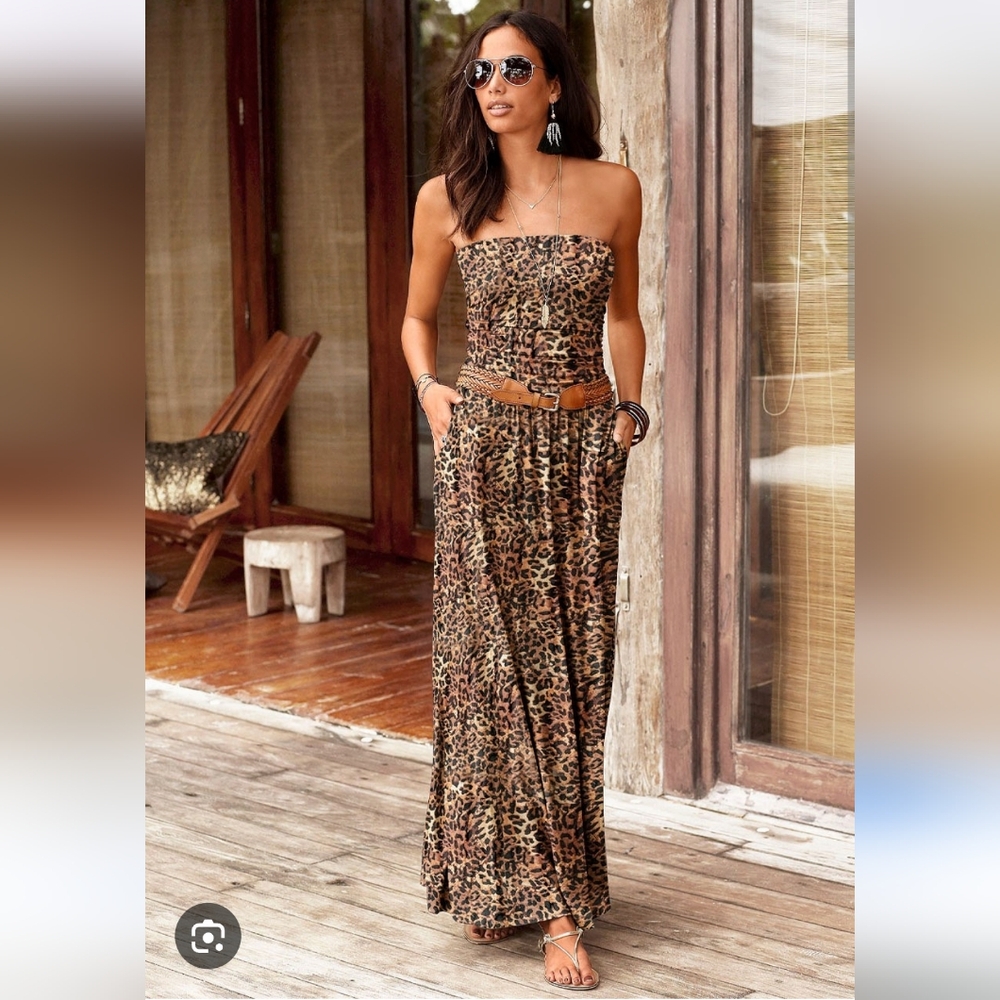 Strapless Leopard Print Maxi Dress